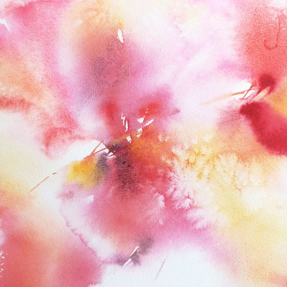 Red and yellow abstract flowers, watercolor floral wall art "Spring color"