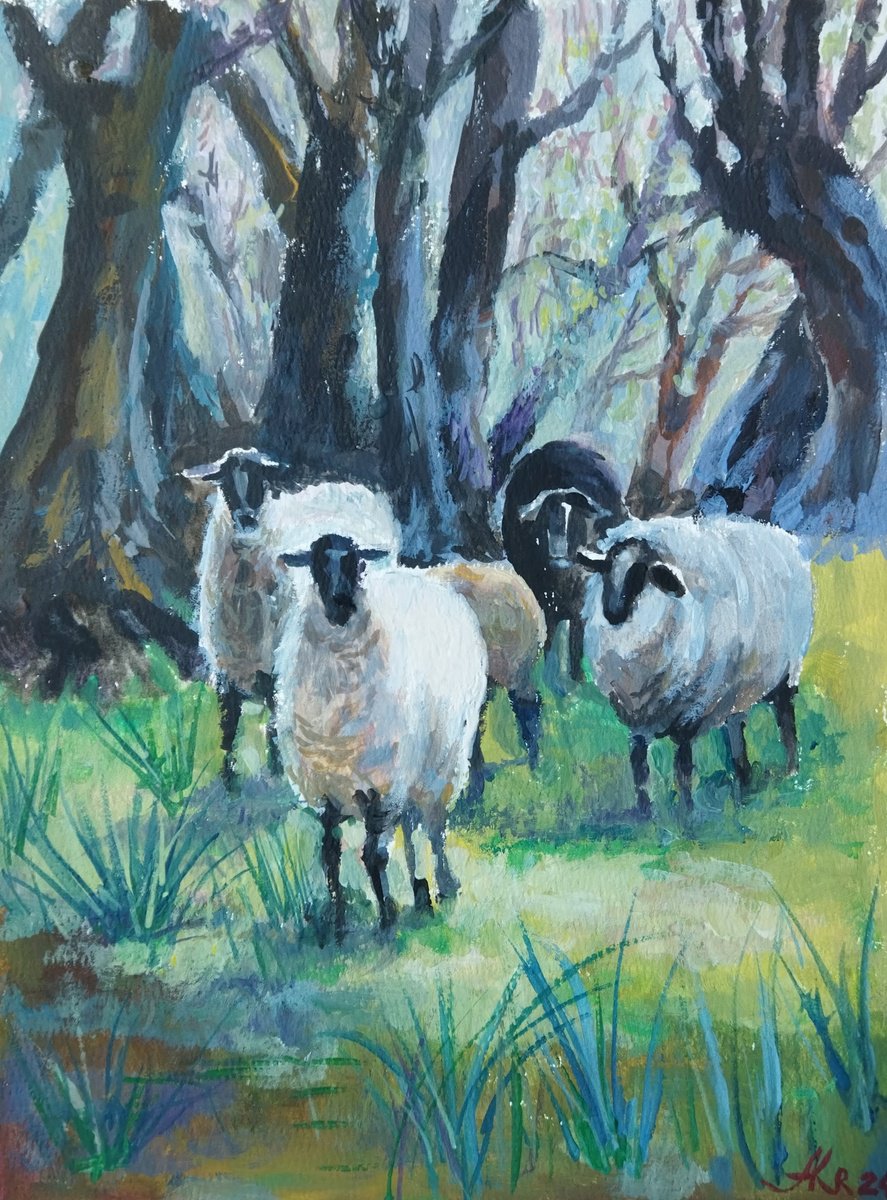 Impressionistic Landscape Painting By Ann Krasikova, 9 X 12, Landscape With Sheep, Original Artwork