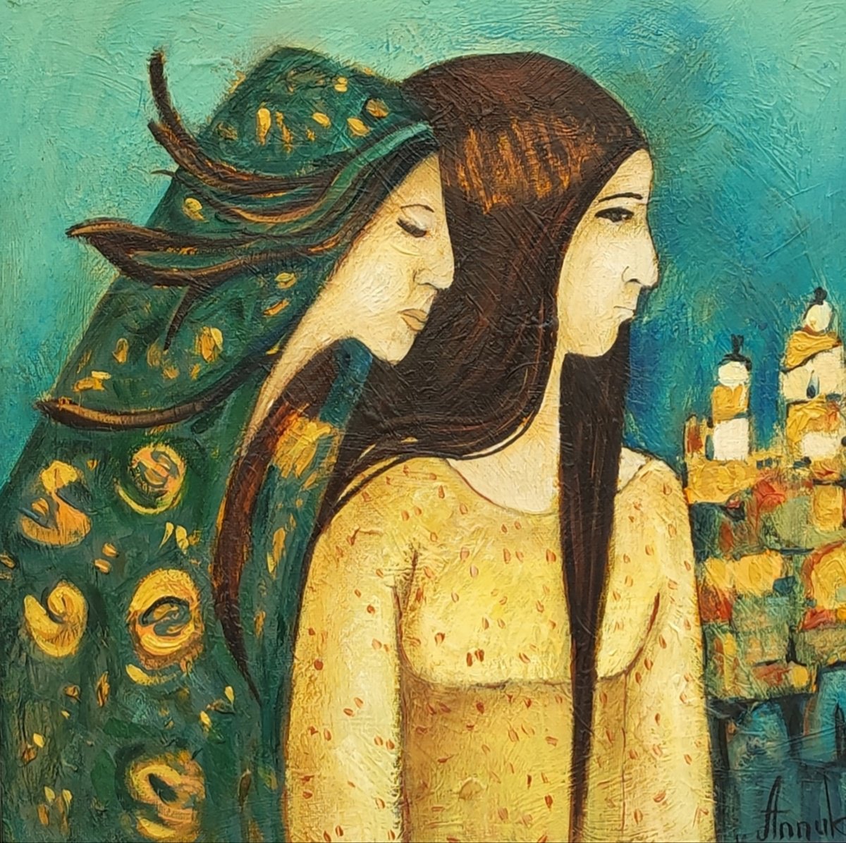 Expressive Portrait Oil Painting By Anna Soghomonyan, 13 X 13, Together, Original Artwork