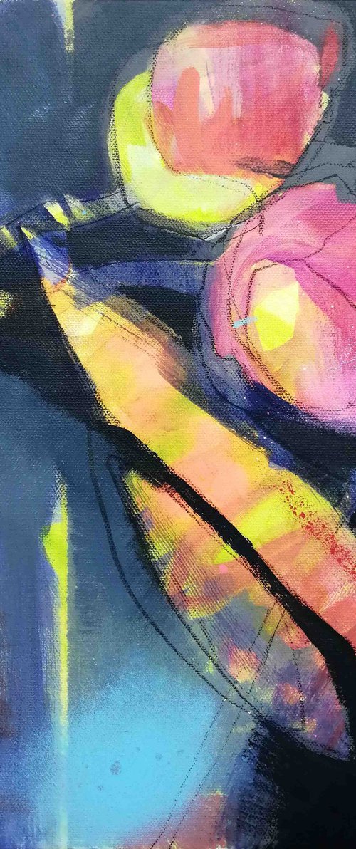 Pink-yellow peonies modern mixed media painting by Olga David