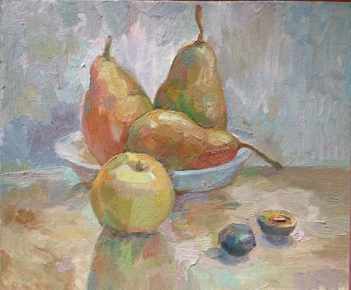 Still life with pears and plums painting by Roman Sergienko