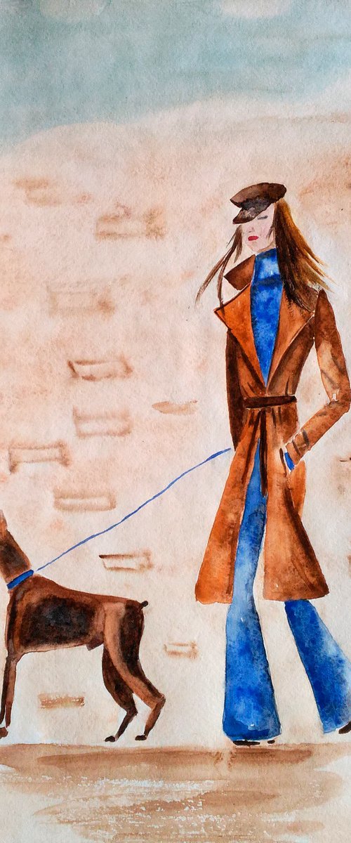 Lady with Dog Original Watercolor Painting by Halyna Kirichenko