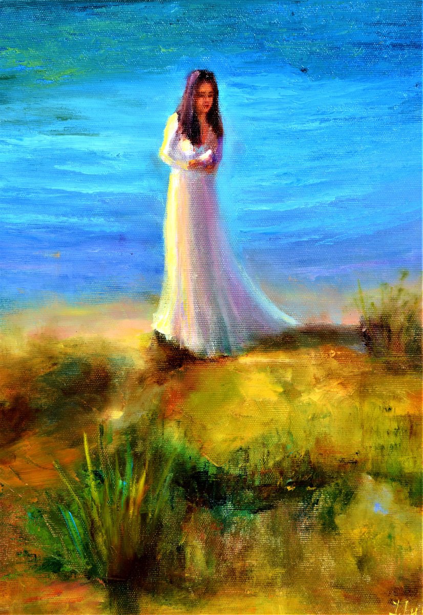 Impressionistic Landscape Oil Painting By Elena Lukina, 12 X 16, Lady With Pigeon, Original Artwork