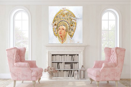 Custom portrait from a photo Queen \ Princess. Art commission. Large painting, mixed media photo collage with precious stones, rhinestones