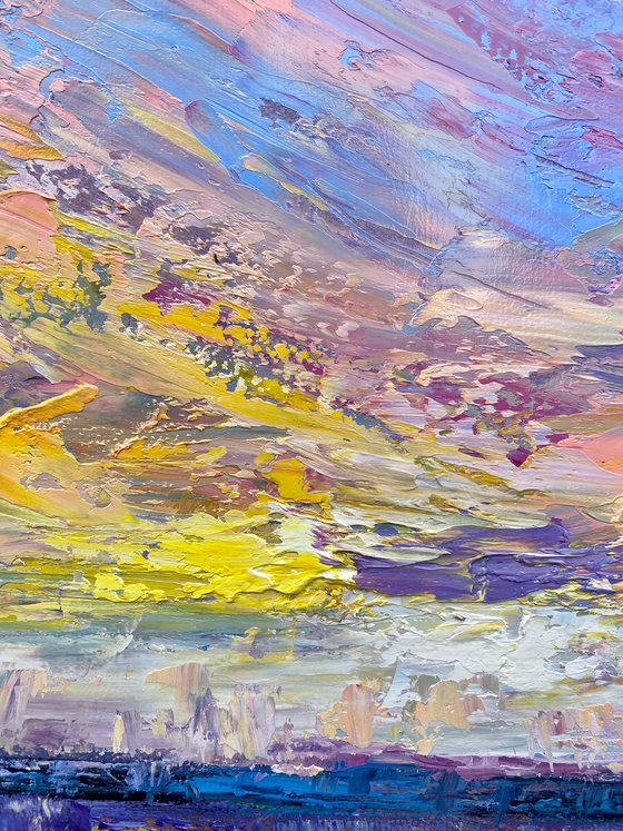 Sunset - Purple splash, 60*80cm, impressionistic landscape oil painting in purple, blue and pink