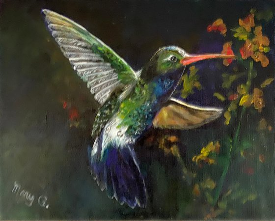 Exquisit detailed Hummingbird oil painting on canvas 8x10 framed in silver frame