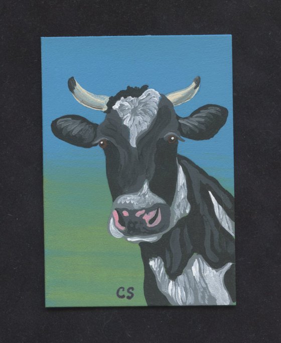 ACEO ATC Original Miniature Painting Black White Cow Farmyard Art-Carla Smale