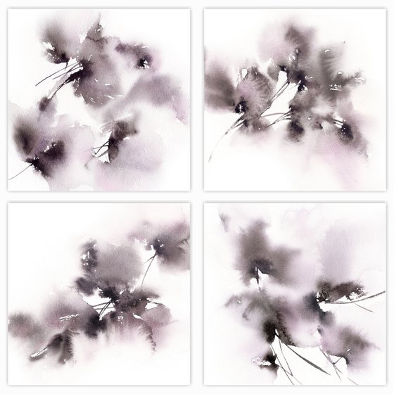 Black abstract flowers painting set, set of 4 monochrome drawings "Summer rain"