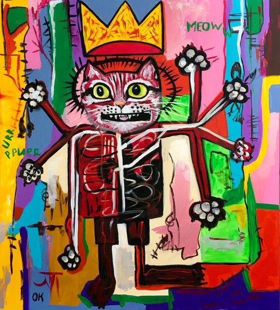 KING TROY the cat, ( 102 x 91 cm, 40 x 36 inches),  multi-armed, multitasking, inspired by Basquiat and Indian culture, solving the problems of the modern rapidly changing world in parallel and seamlessly