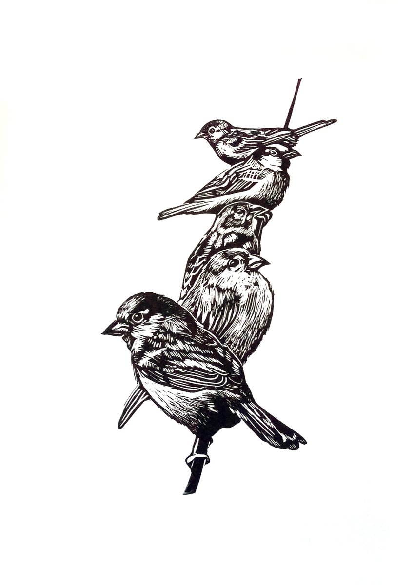 Form an orderly queue (sparrows on a wire linoprint) by Carolynne Coulson
