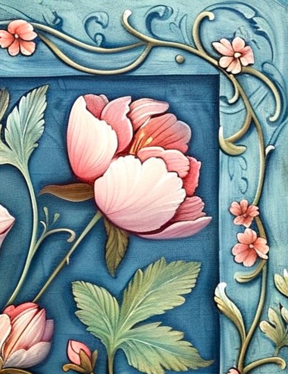 VINTAGE PINK FLOWERS ON BLUE