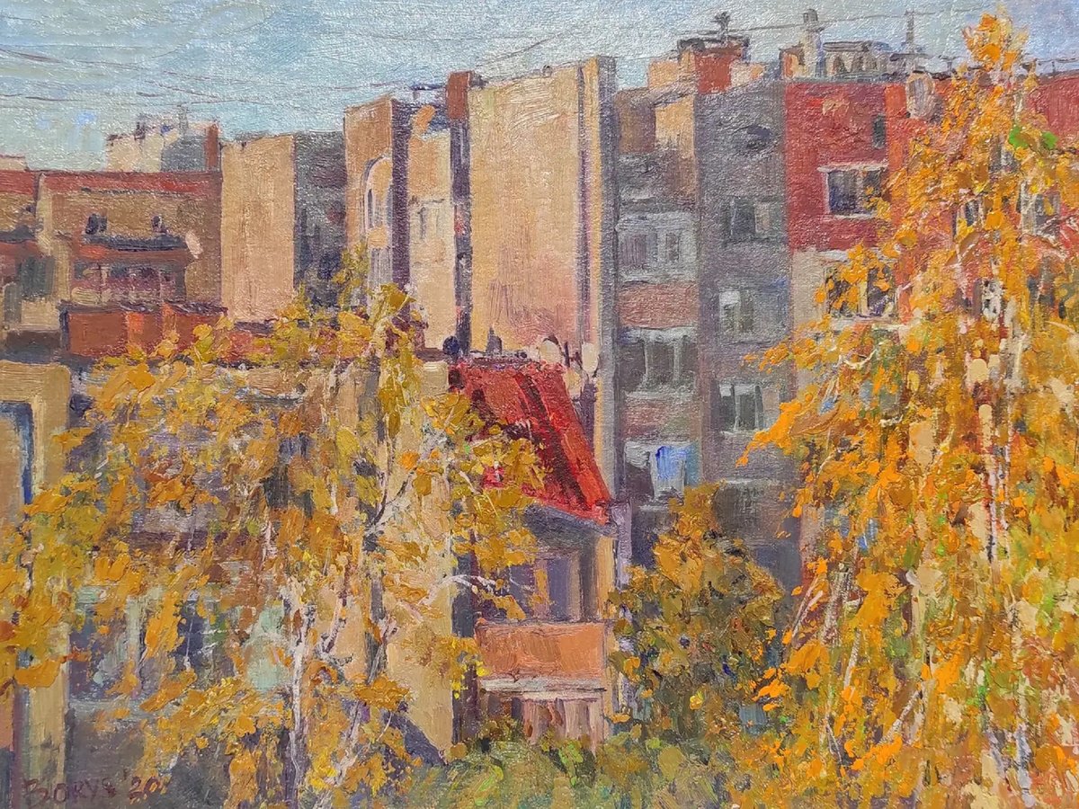 Golden autumn - bright colours, urban landscape,oil painting by Tetiana Borys