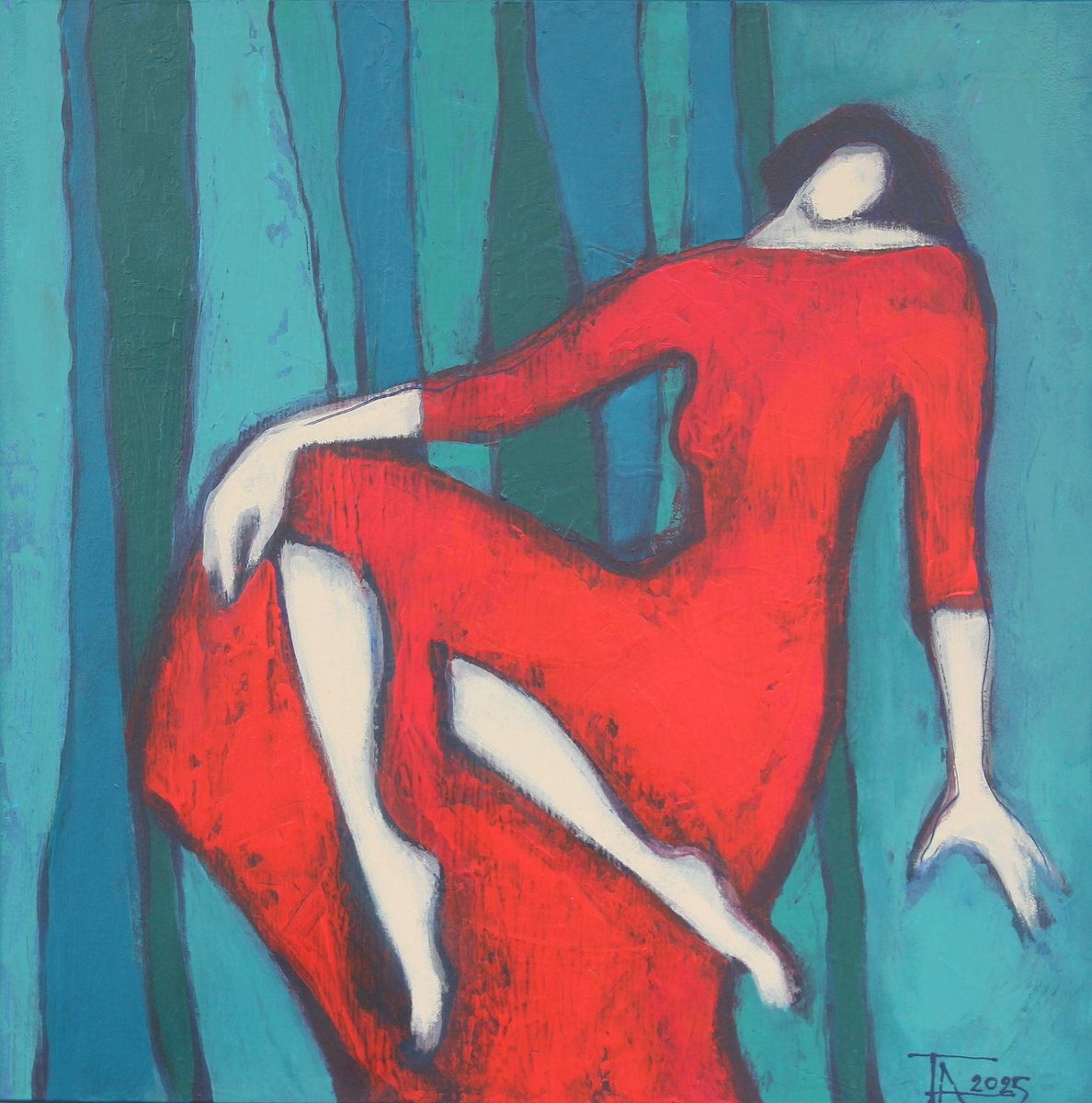 Expressive Portrait Acrylic Painting By Tatjana Auschew, 20 X 20", Red Dress., Original Artwork