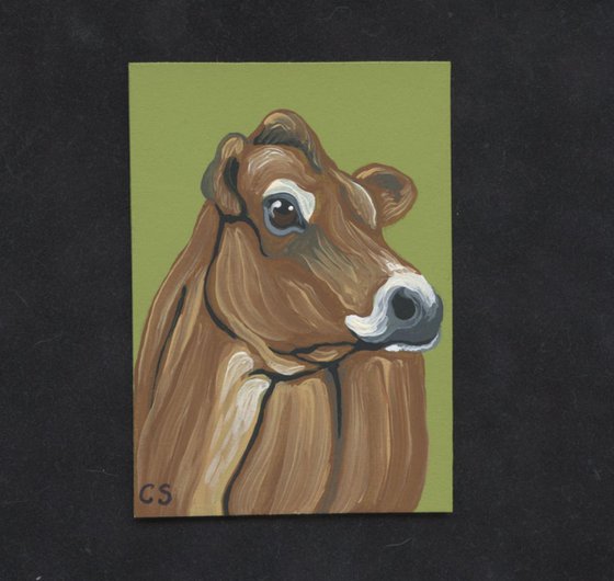 ACEO ATC Original Miniature Painting Jersey Cow Farmyard Art-Carla Smale
