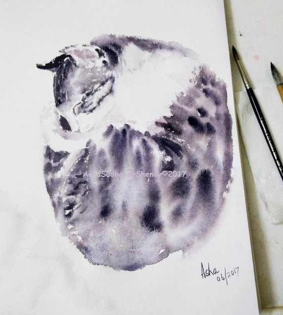 Cat Watercolors -Curled up Queen  Limited edition Archival Prints
