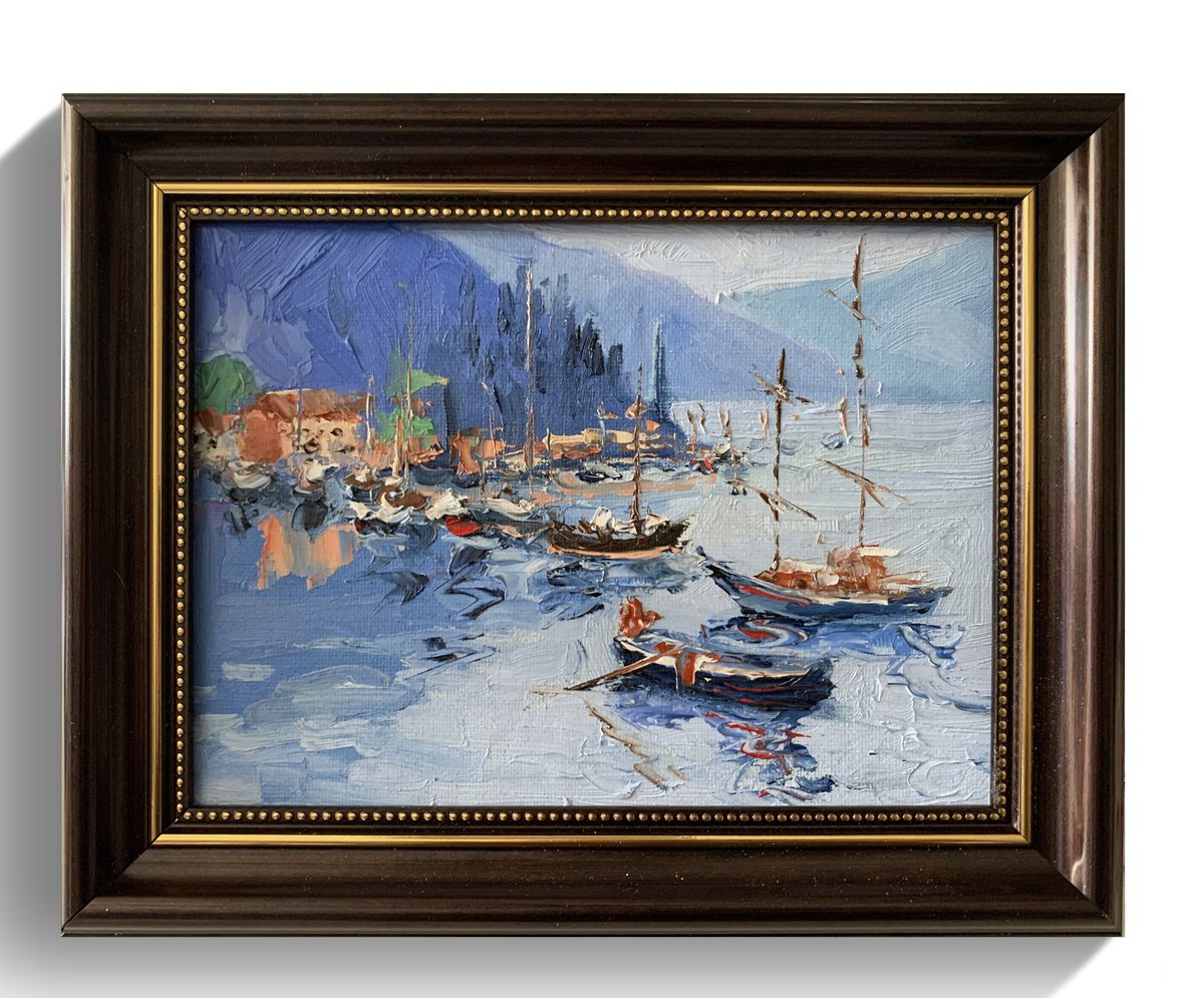 Impressionistic Landscape Oil Painting By Vita Schagen, 10 X 8", Yachts, Harbor Reflections., Original Artwork