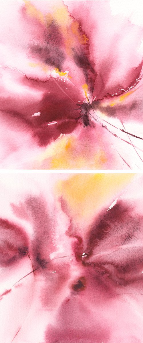 Burgundy flowers diptych by Olga Grigo