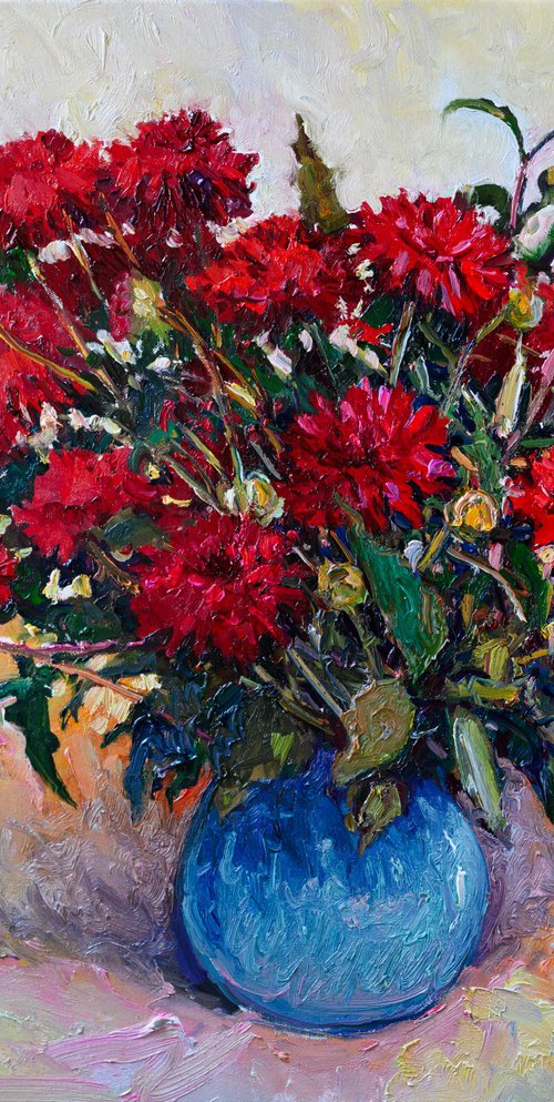 Red Georgina Flowers in Vase by Suren Nersisyan