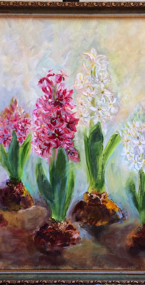 Flowers oil painting - Floral original artwork - Hyacinths framed canvas - Gift idea for woman by Olga Ivanova
