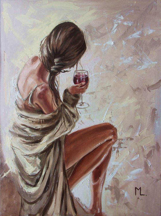 " GLASS OF RED WINE ... "- liGHt ORIGINAL OIL PAINTING, GIFT, PALETTE KNIFE nude WINDOW