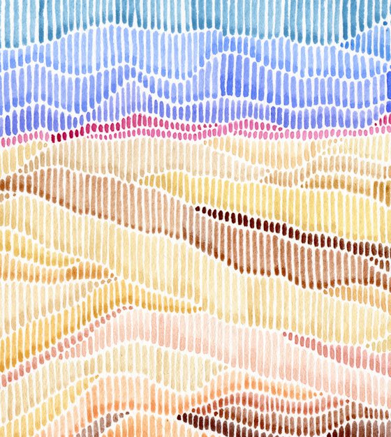 Original watercolor abstract desert landscape made with small lines