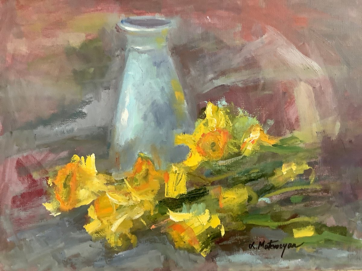 Impressionistic Botanical Oil Painting By Lia Matevosyan Haselton, 16 X 12", Daffodils Delight, Original Artwork