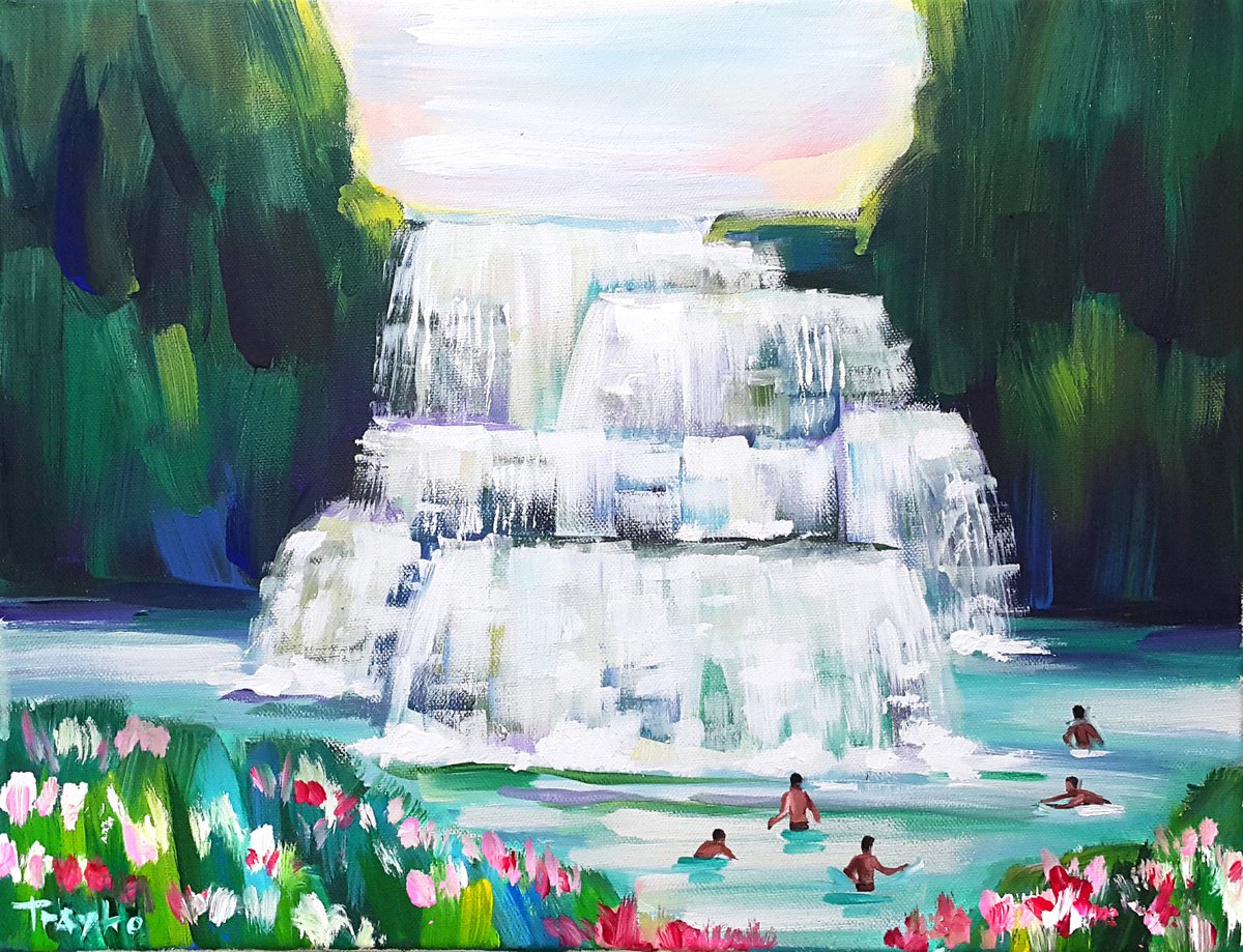 Impressionistic Landscape Acrylic Painting By Trayko Popov, 18 X 14", Waterfall | Swimming | Hot Summer, Original Artwork