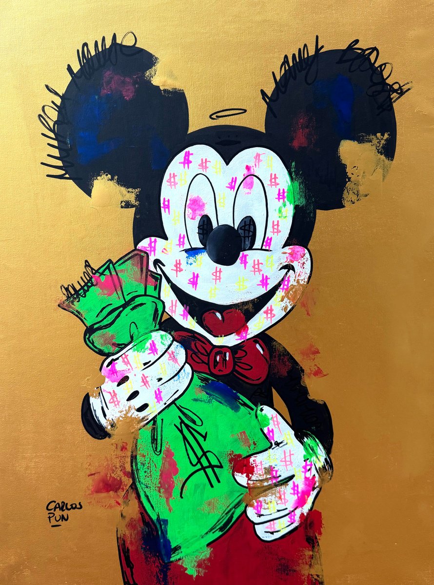 Cartoon Portrait Acrylic Painting By Carlos Pun Art, 20 X 28, Mickey Mouse Bag Of Money, Original Artwork