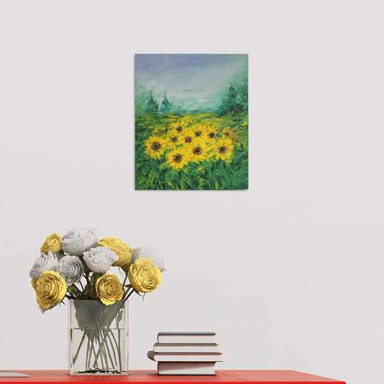 Morning Glory, Sunflower fields - Oil painting Palette Knife Textured Artwork - Impressionistic landscape - Van gogh inspired