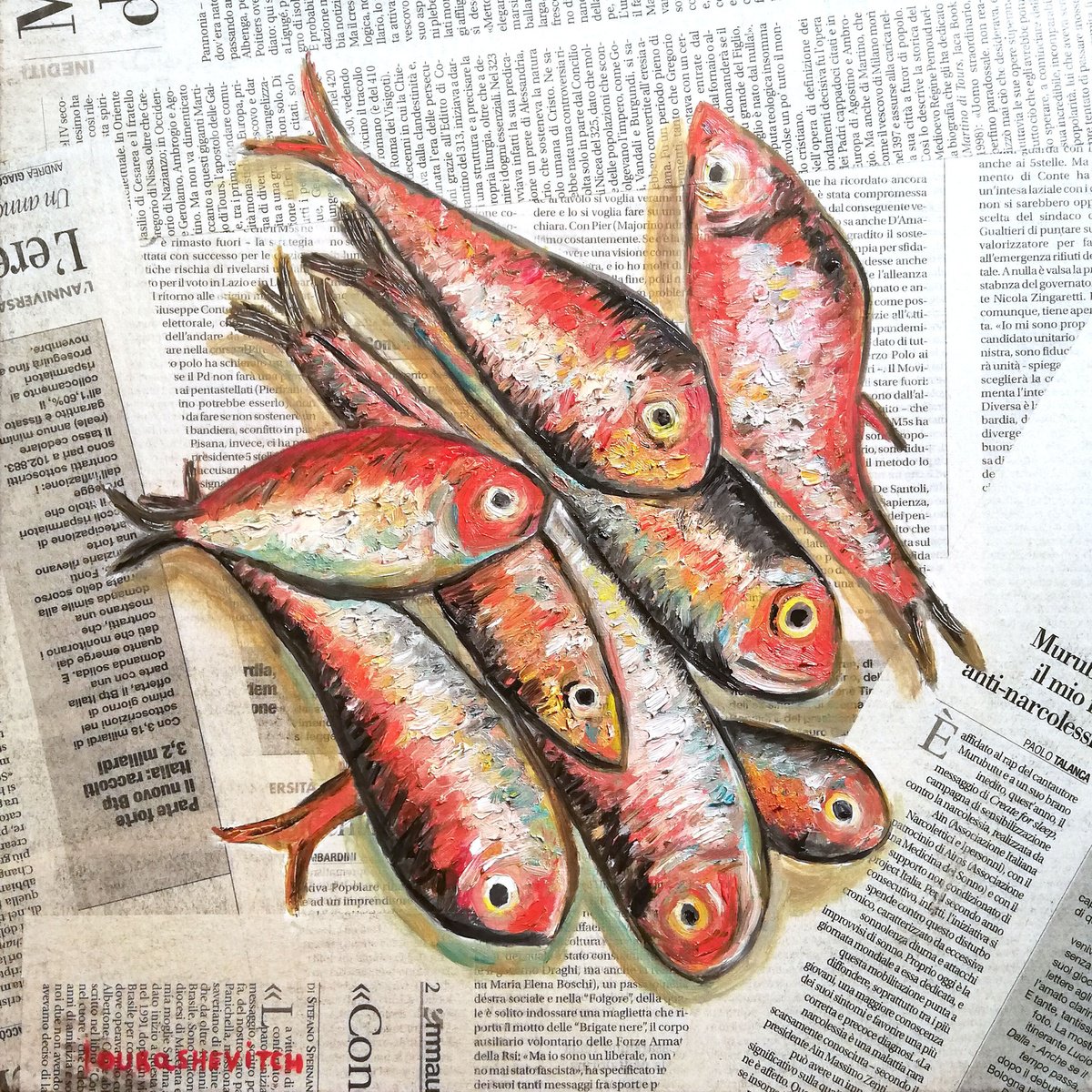 Red Fishes on Newspaper Original Oil on Canvas Board 12 by 12 inches (30x30 cm) by Katia Ricci