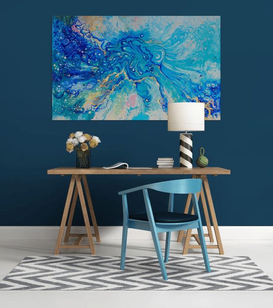 "Secret traces"  large acrylic painting, contemporary art, home decor office art, royal blue, gold, turquoise