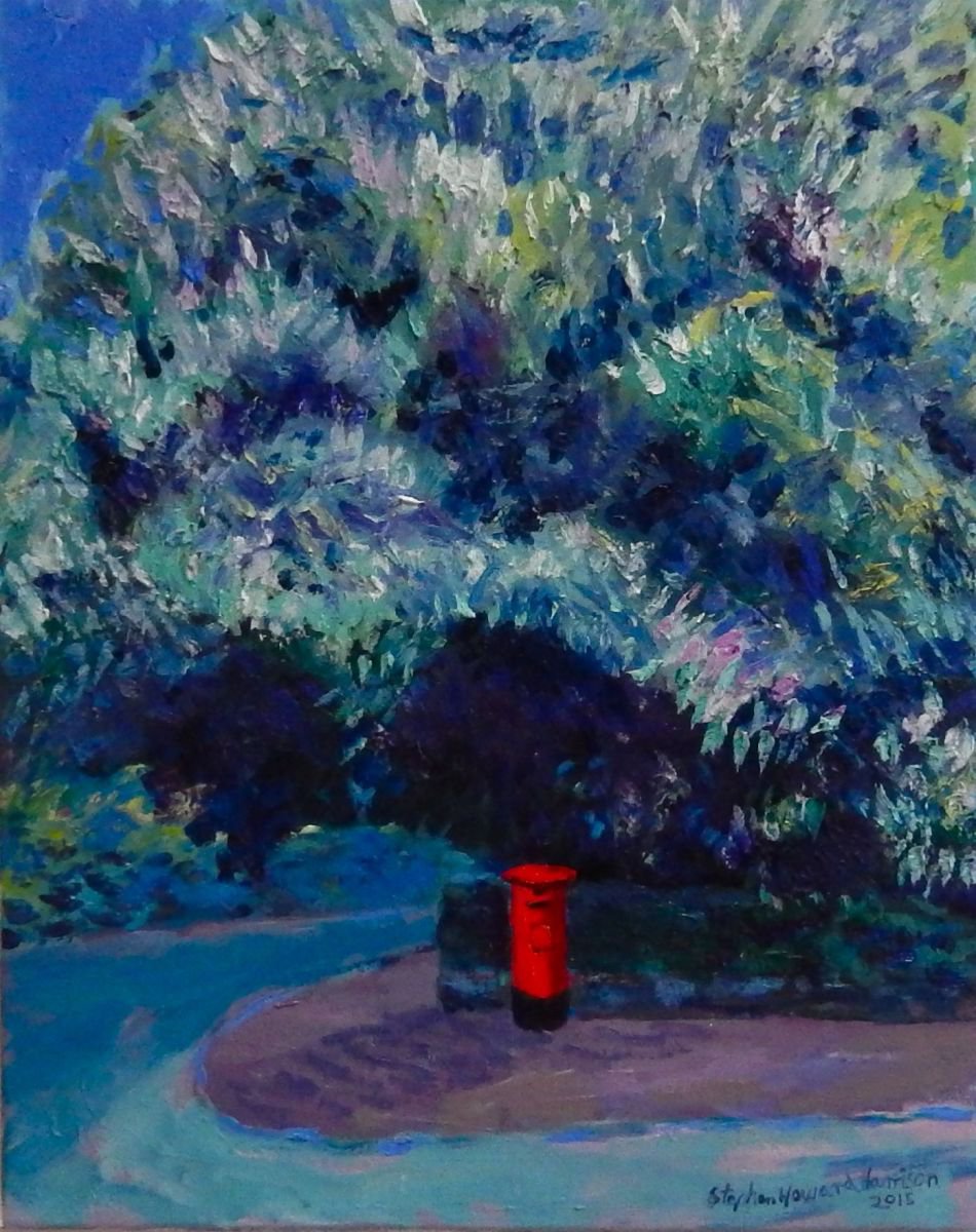 Impressionistic Cityscapes Oil Painting By Stephen Howard Harrison, 16 X 20", Red Letterbox Under A Tree, Original Artwork