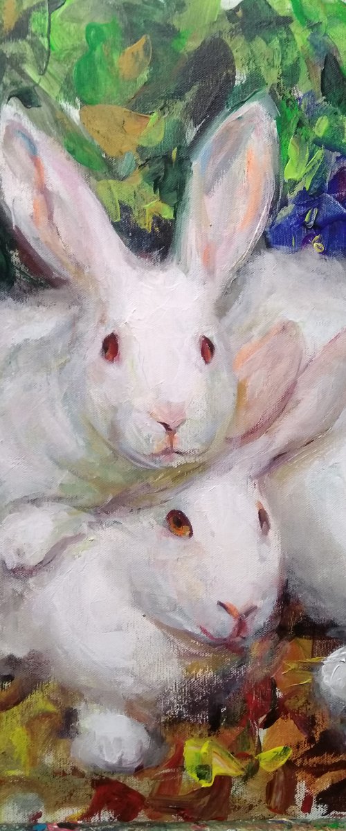 White  Rabbits. Palette knife , impasto by HELINDA (Olga Müller)