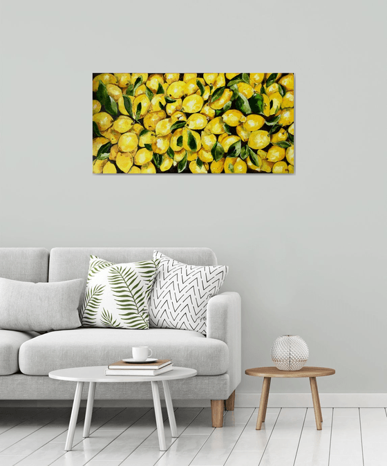 Lemons, oil painting, still life. Palette knife painting on canvas. Size 112x56 cm.