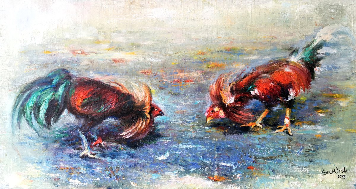 Roosters . Cockfighting . Original oil painting by Helen Shukina