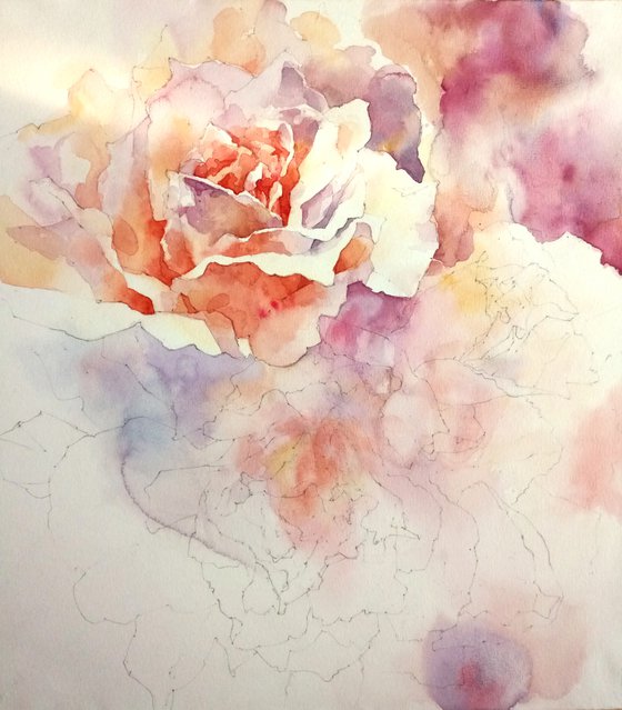 "Scent of a bouquet of roses" original abstract watercolor artwork square format