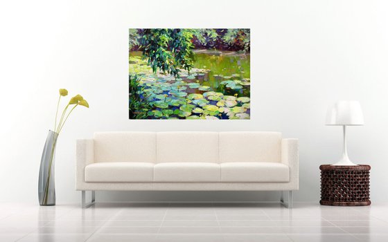 Overgrown pond with water lilies