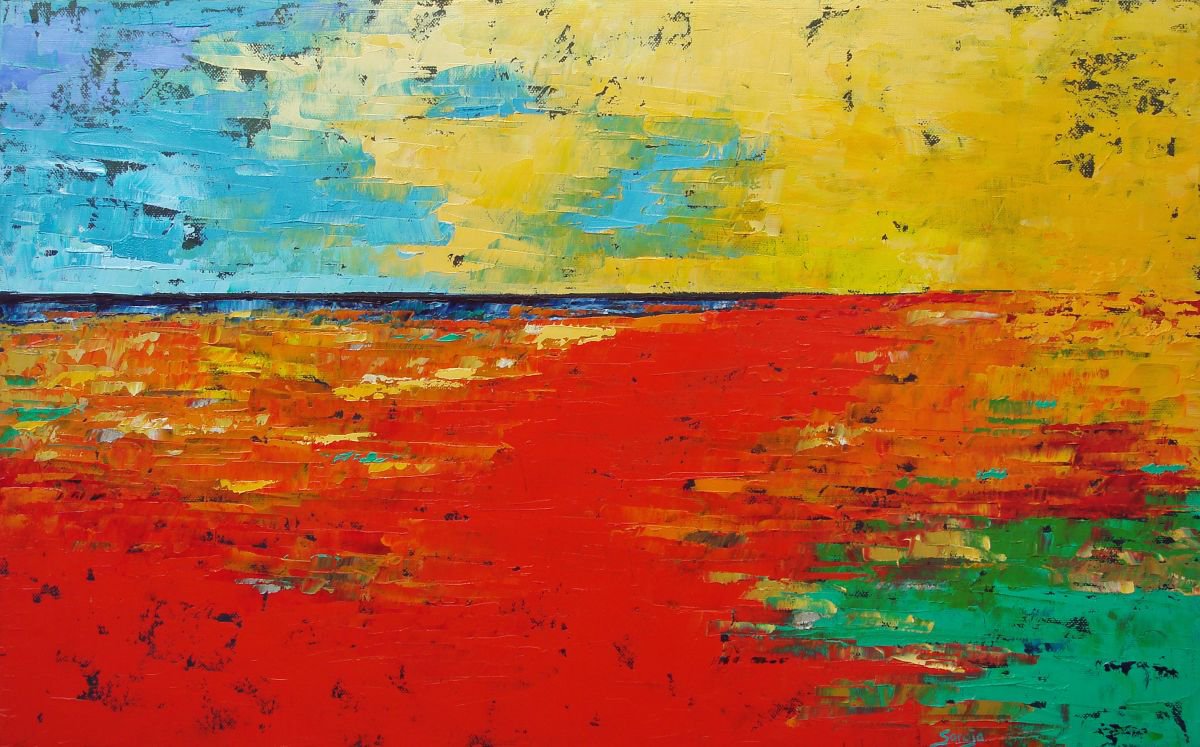 Abstract Landscape Oil Painting By Saroja Van Der Stegen, 26 X 17", Red Beach (Ref#:1205-12M), Original Artwork