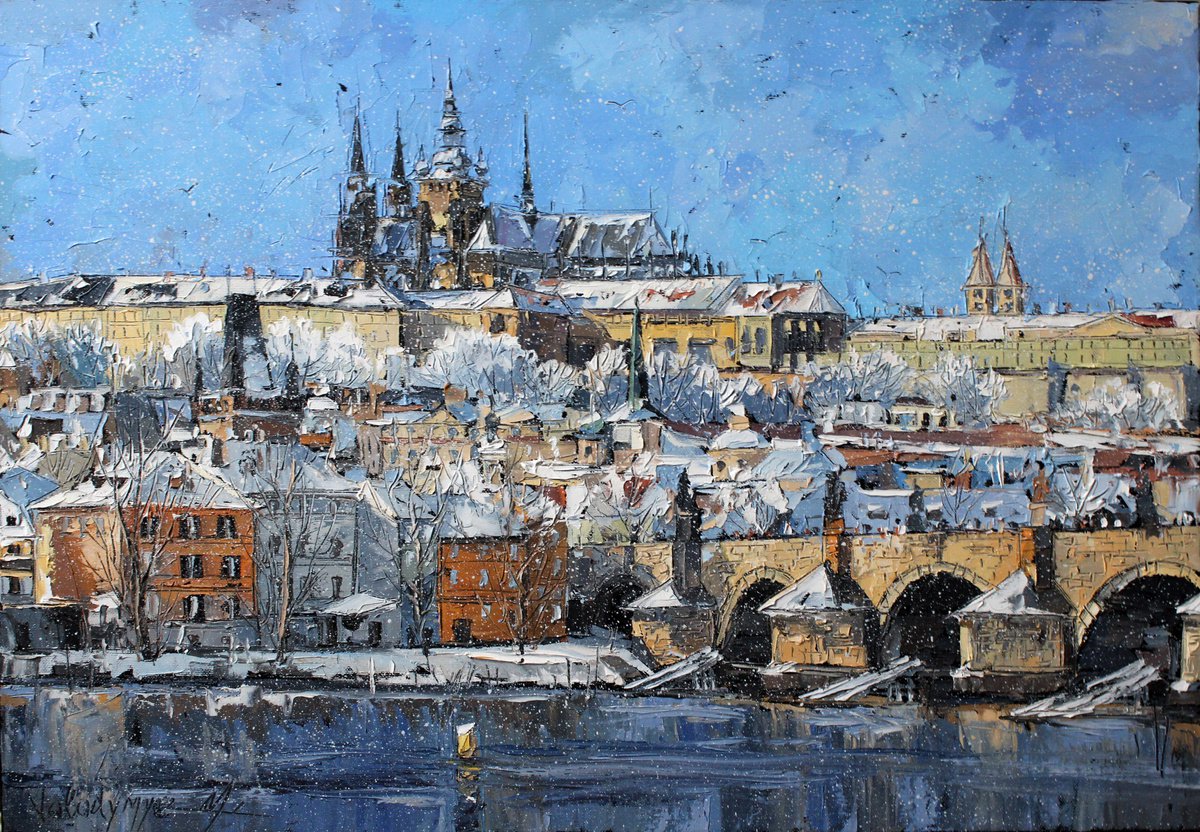 Impressionistic Cityscapes Oil Painting By Volodymyr Melnychuk, 26 X 18", Winter