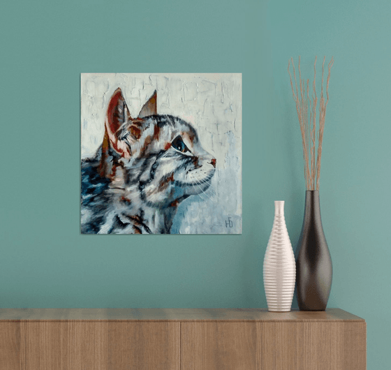 Cat Painting, Portrait of A Cat 40x40 ready to hang.