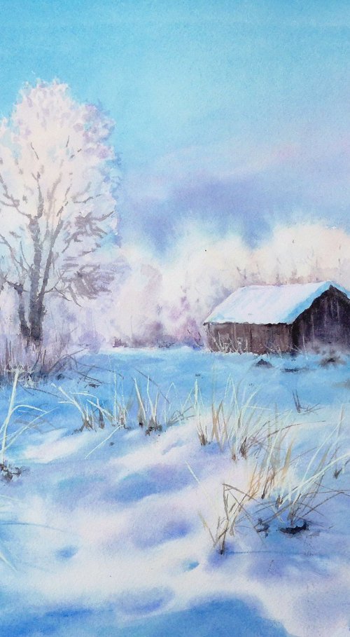 The Old Barn in Winter by Olga Beliaeva Watercolour