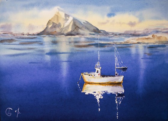 Norwegian mood. Original watercolor. Sea blue landscape seascape small size travel cold colors landscape ice decor realism