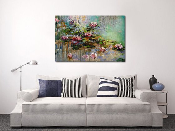 Water lilies original oil large painting, impasto Lily white flowers