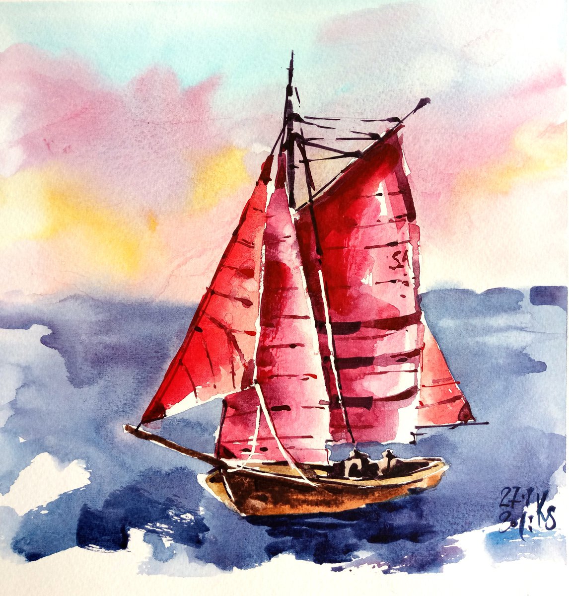 Scarlet sails seascape with a yacht against the sunset sky watercolor painting by Ksenia Selianko