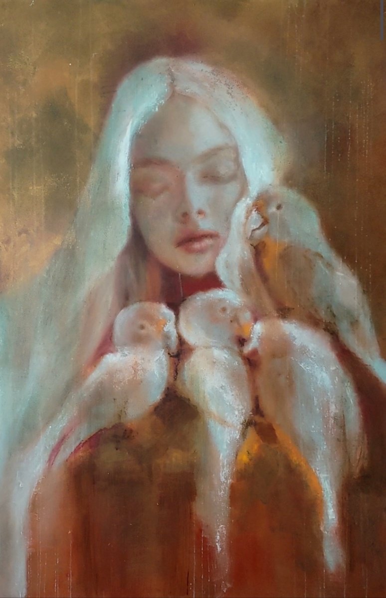 Expressive Portrait Oil Painting By Yuliia Kyrsanova, 39 X 59", My Guardians, Original Artwork