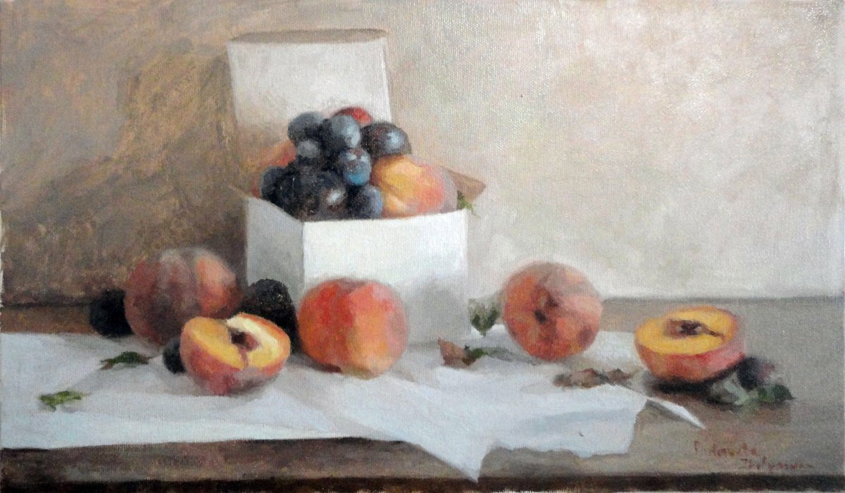 Impressionistic Still Life Oil Painting By Radosveta Zhelyazkova, 18 X 11", Plums And Peaches, Original Artwork