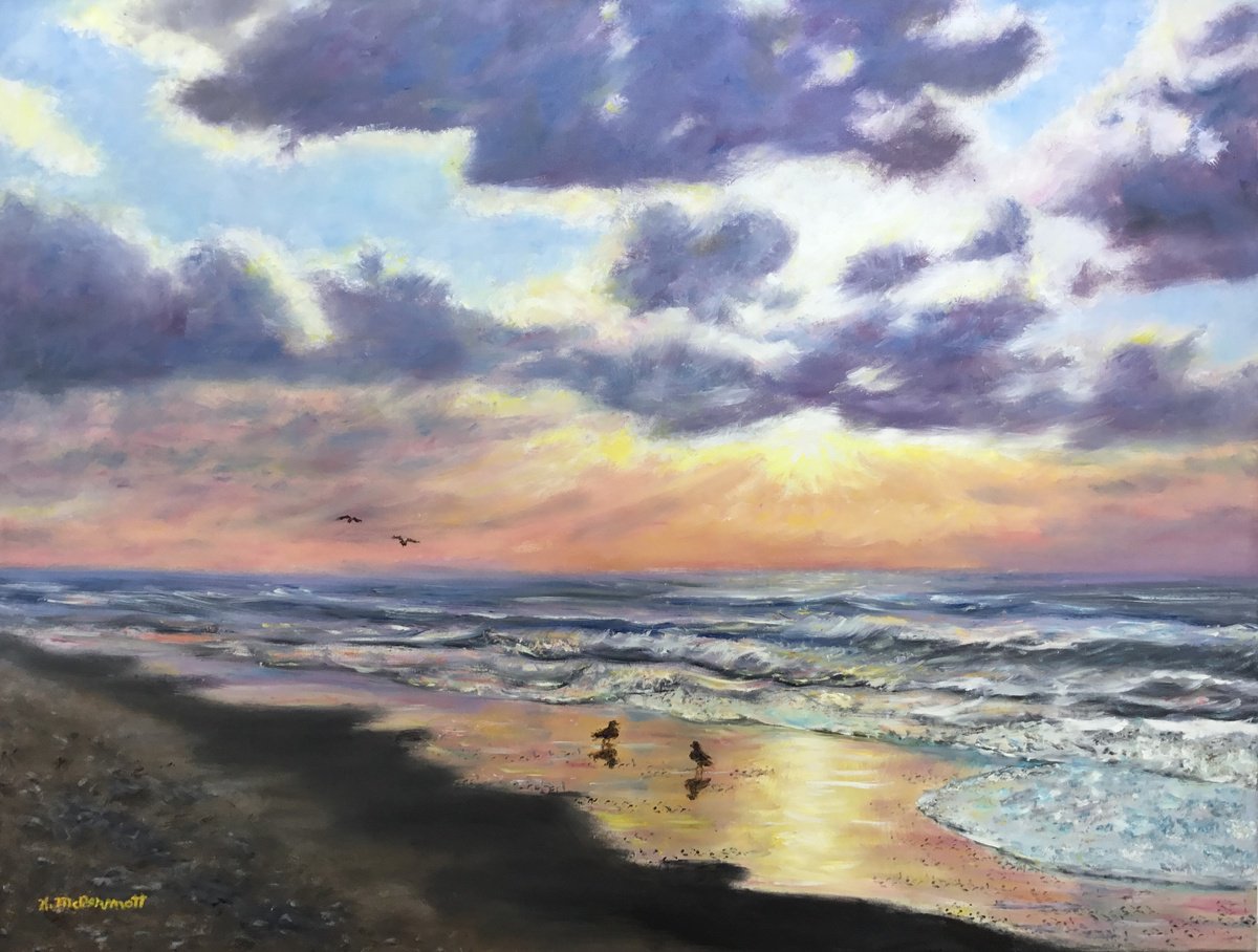 Impressionistic Landscape Oil Painting By Kathleen Mcdermott, 28 X 22", Beach Dawn With Gulls, Original Artwork