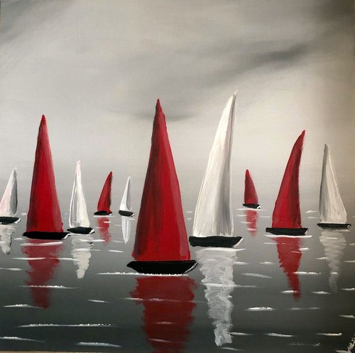 Red And White Sails by Aisha Haider