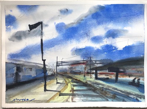Train station under the striped sky (27 x 37) by Antonio Pintér
