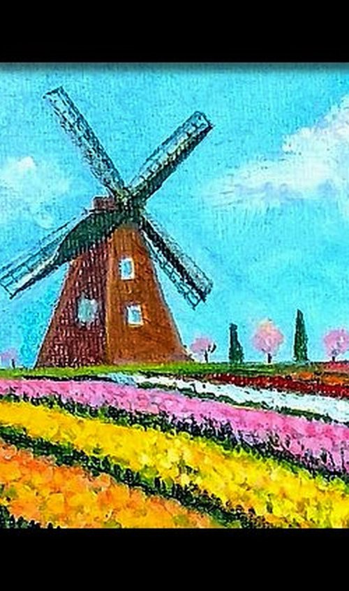 Miniature Dutch Windmill and Tulips Landscape by Asha Shenoy